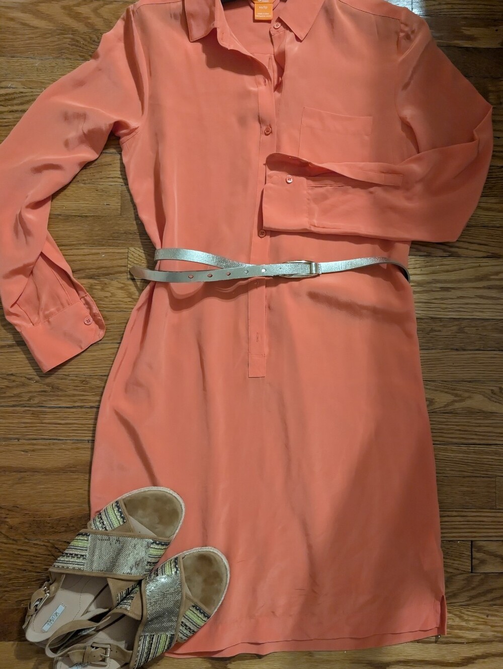 Pure Silk Coral Shirt Dress XS New